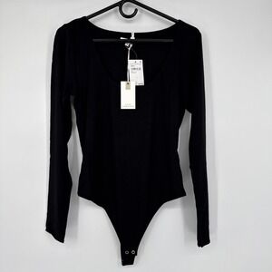 NWT Good American New Womens Size 3 Black Scoop Neck Long Sleeve Knit Bodysuit
